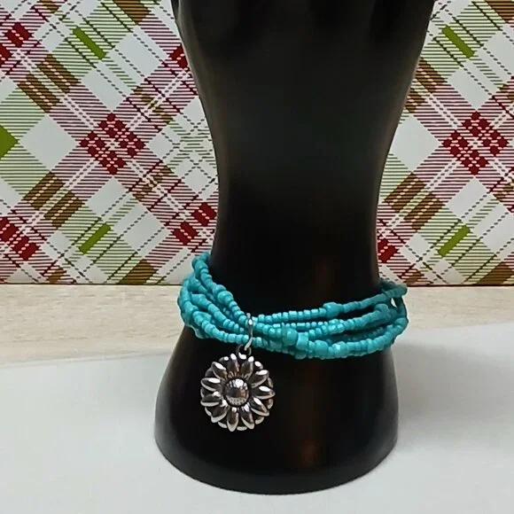 Handmade Turquoise Tone Beaded Bracelet w/ Sunflower Pendant Fashion Jewelry #48 - Picture 6 of 8